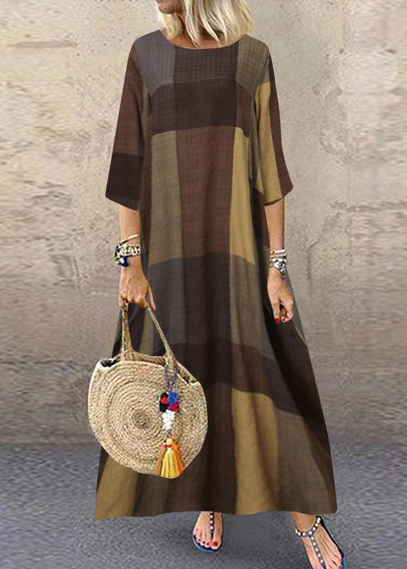 Women Plaid Short Sleeve Crew Neck Side Pocket Baggy Vintage Long Maxi Dress Wine Red - Image 2