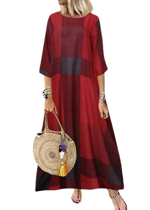Women Plaid Short Sleeve Crew Neck Side Pocket Baggy Vintage Long Maxi Dress Wine Red - Image 5