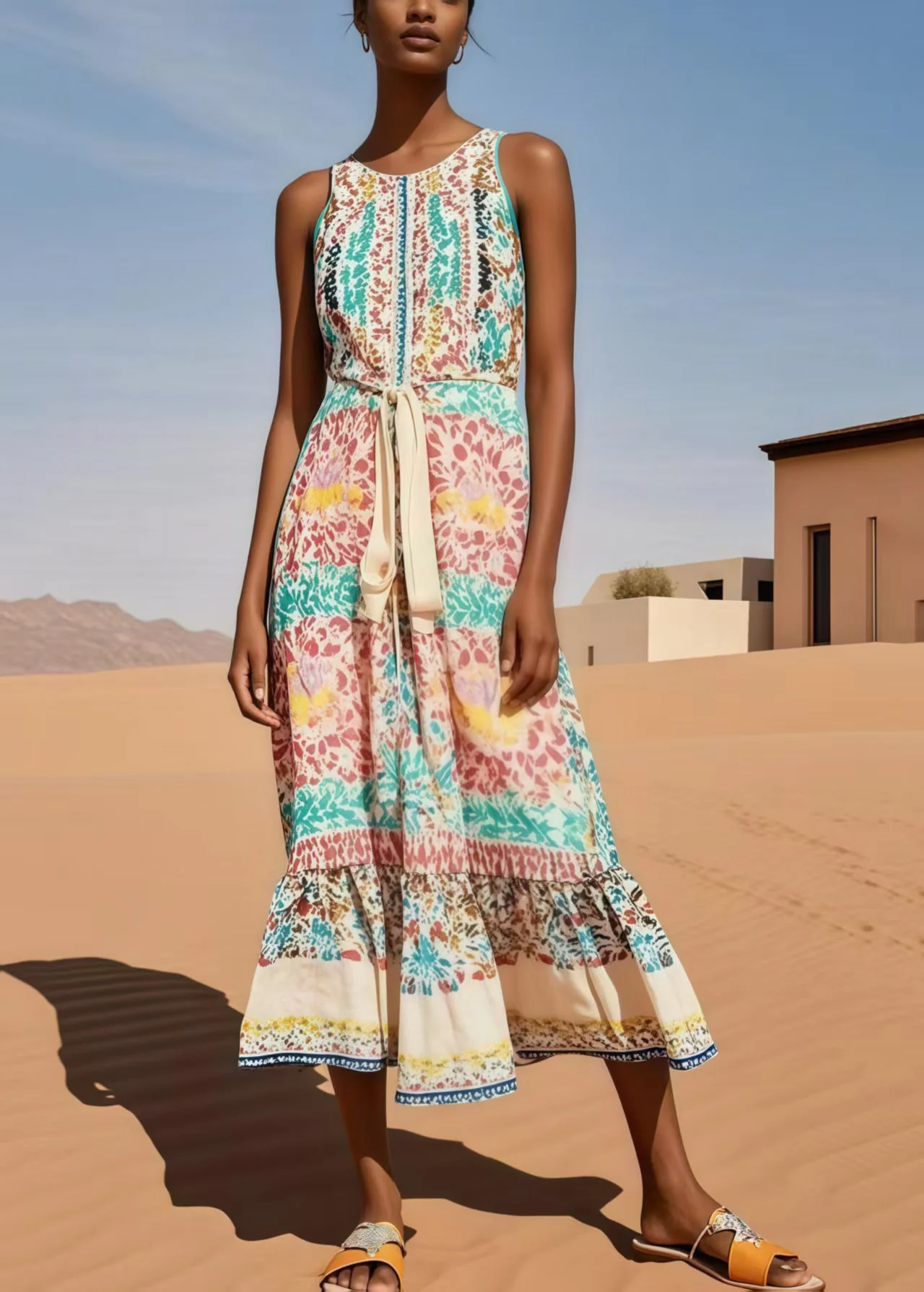 Women Polychrome Print Cotton Tunic Dresses Sleeveless - Image 3