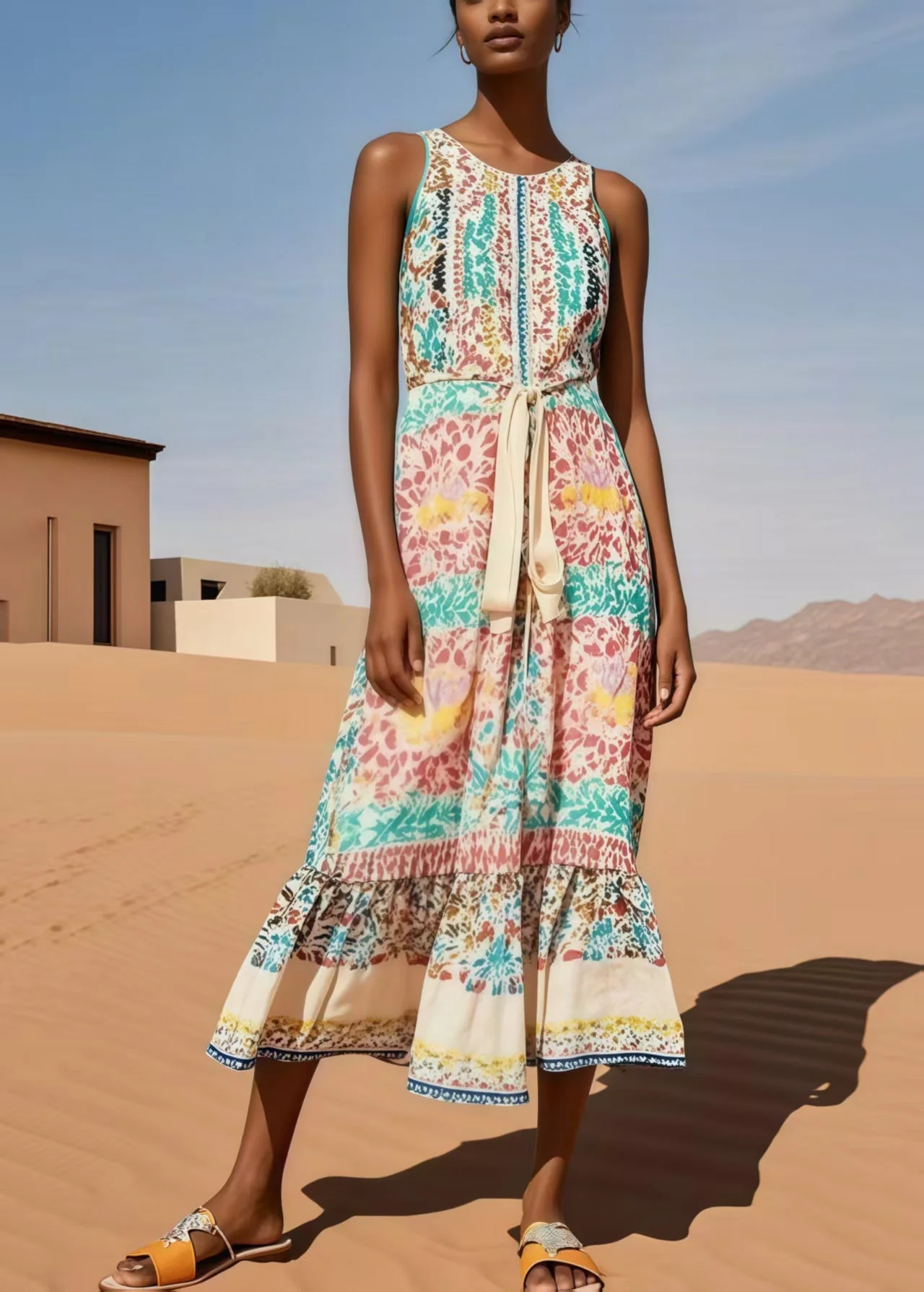 Women Polychrome Print Cotton Tunic Dresses Sleeveless - Image 5