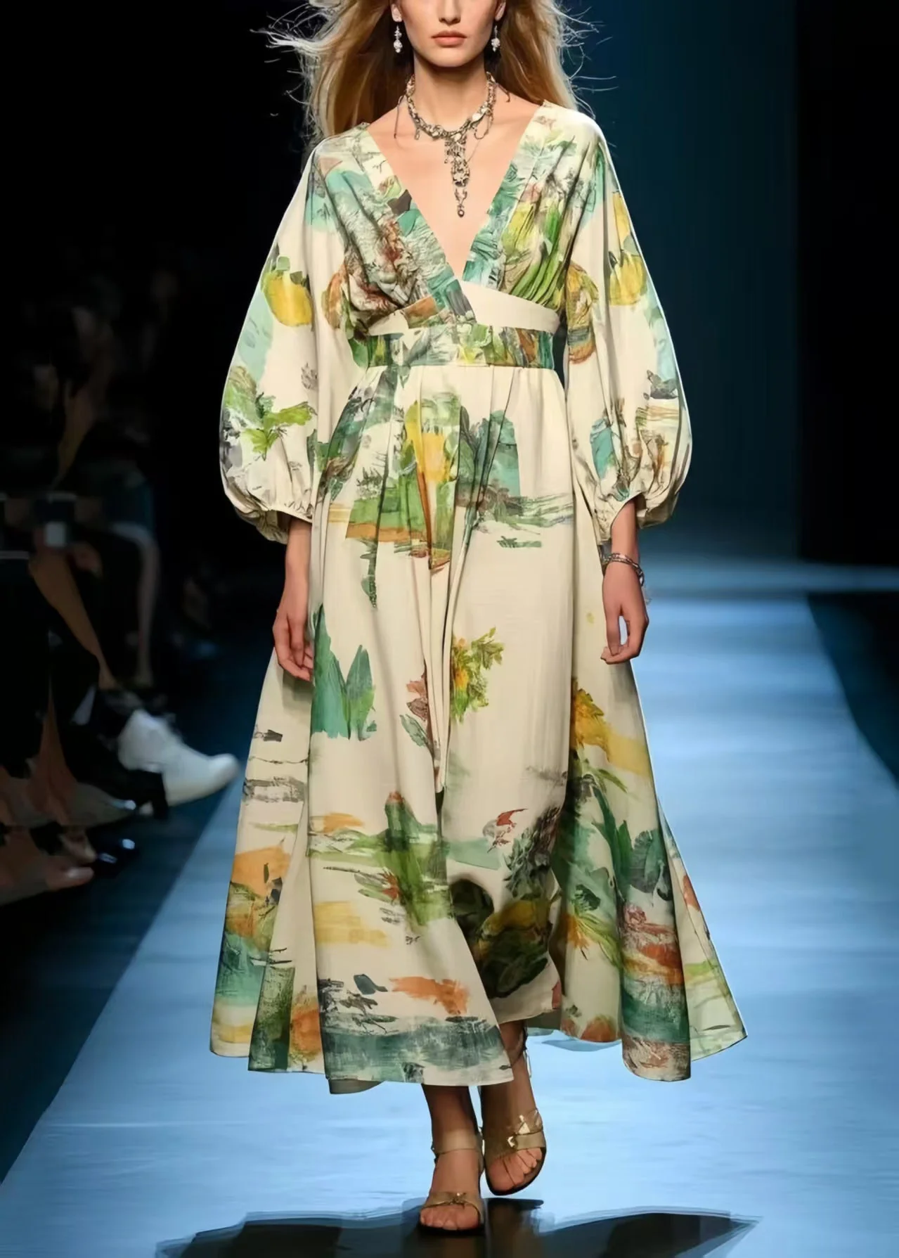 Women Print Exra Large Hem Cotton Long Dress Spring