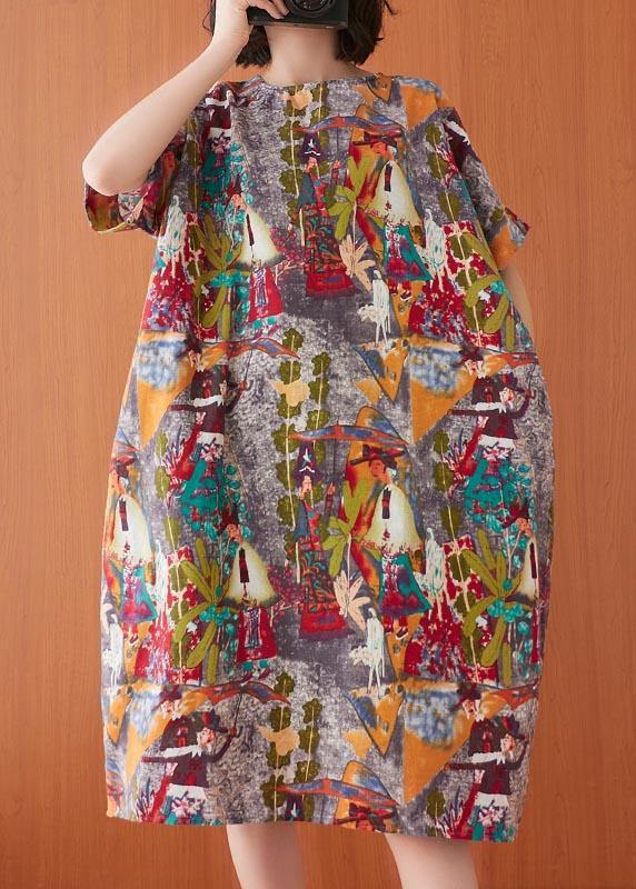 Women Print O-Neck Cotton Linen Party Dress Summer - Image 3