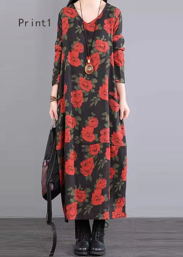 Women Print V Neck Patchwork Cotton Long Dress Fall - Image 2