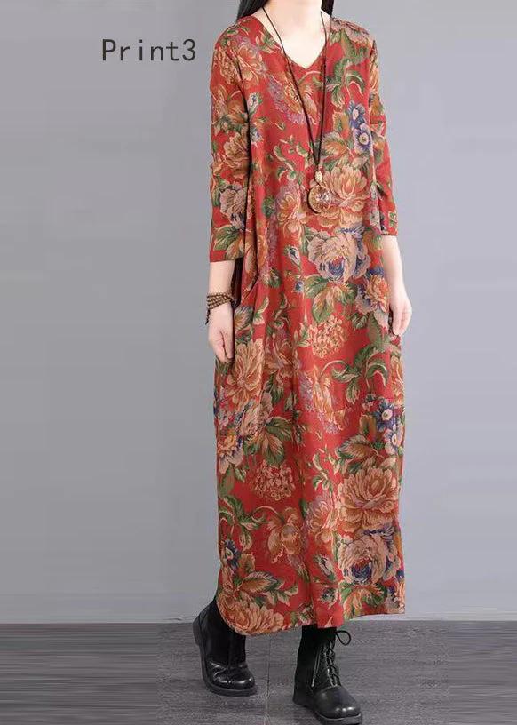 Women Print V Neck Patchwork Cotton Long Dress Fall - Image 4