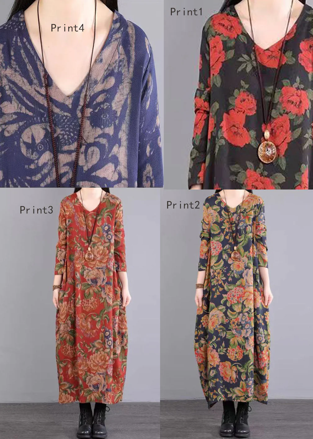 Women Print V Neck Patchwork Cotton Long Dress Fall - Image 5