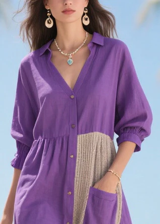 Women Purple Asymmetrical Patchwork Cotton Dresses Summer - Image 2