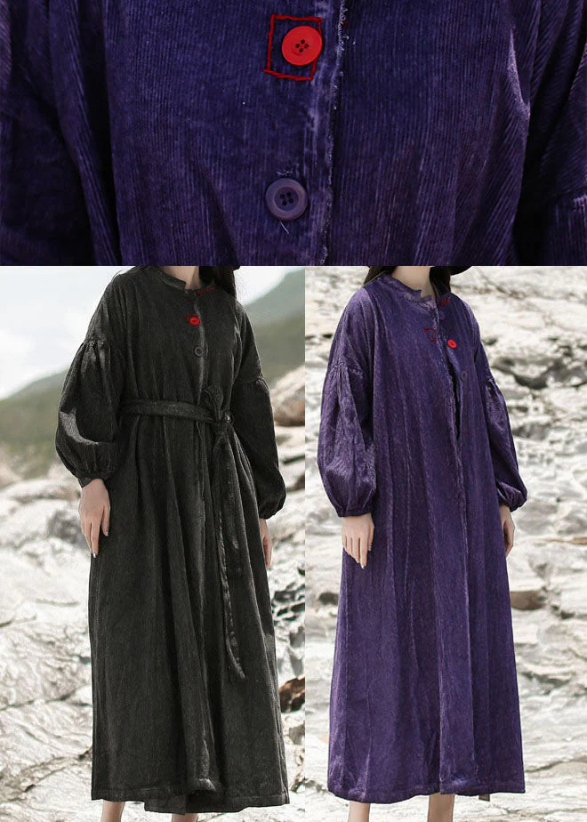 Women Purple Embroideried Pockets Corduroy Dress Spring - Image 5