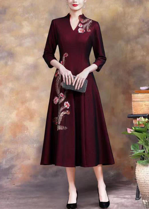 Women Purple Embroidered Sequins Cotton Long Dress Fall - Image 2