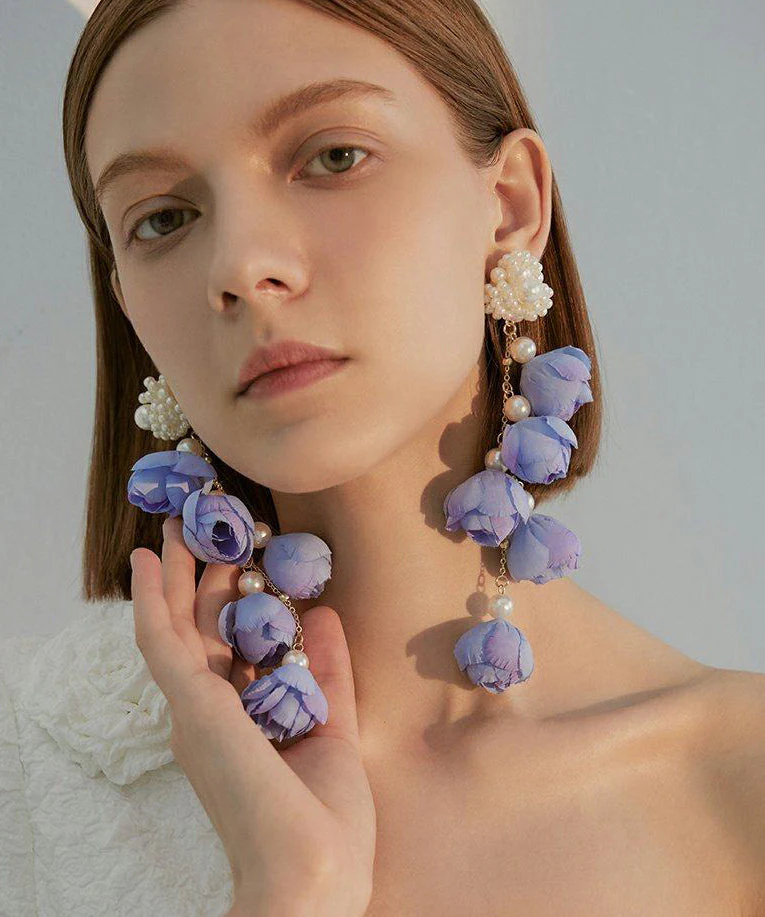 Women Purple Flower Tasseled Pearl Drop Earrings - Image 3