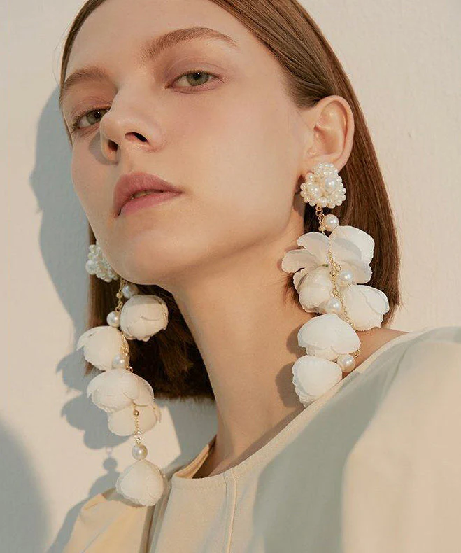Women Purple Flower Tasseled Pearl Drop Earrings - Image 4