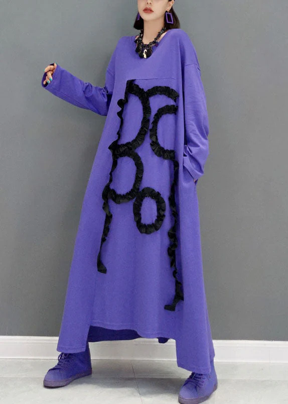 Women Purple O-Neck Asymmetrical Ruffled Cotton A Line Dress Spring - Image 2