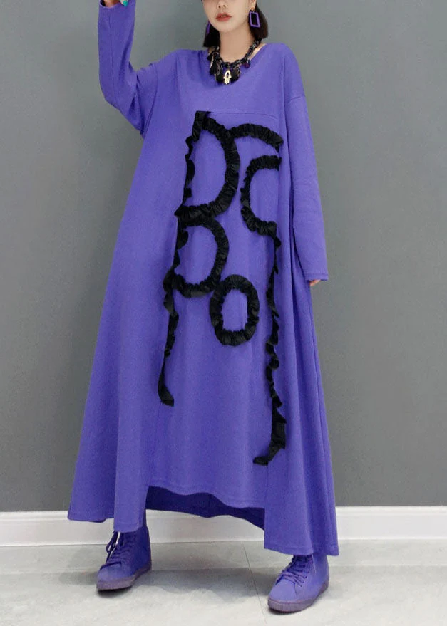 Women Purple O-Neck Asymmetrical Ruffled Cotton A Line Dress Spring - Image 3