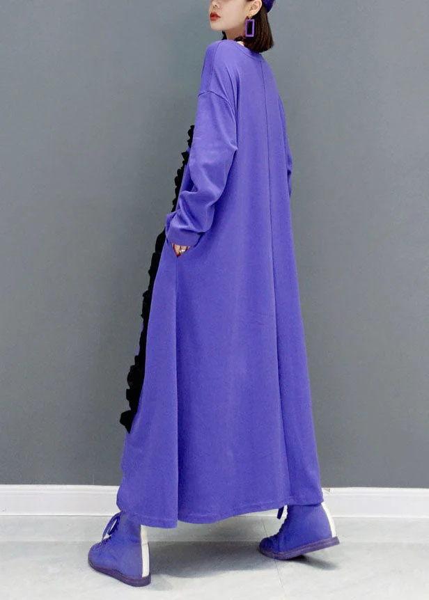 Women Purple O-Neck Asymmetrical Ruffled Cotton A Line Dress Spring - Image 4