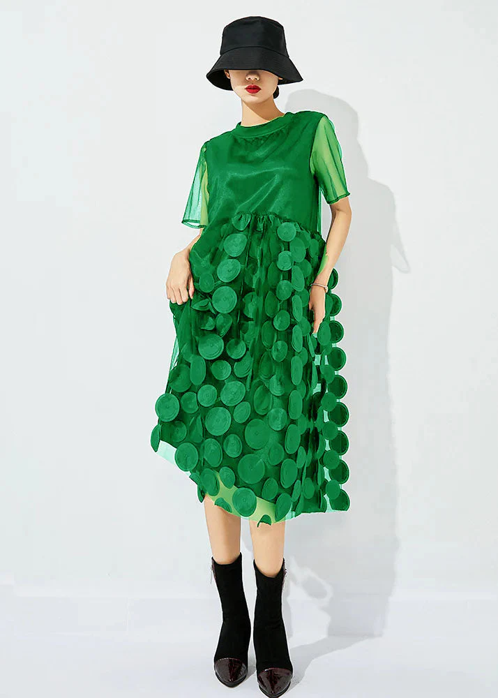 Women Blue  O-Neck Patchwork Dot Tulle Holiday Dress Summer - Image 4