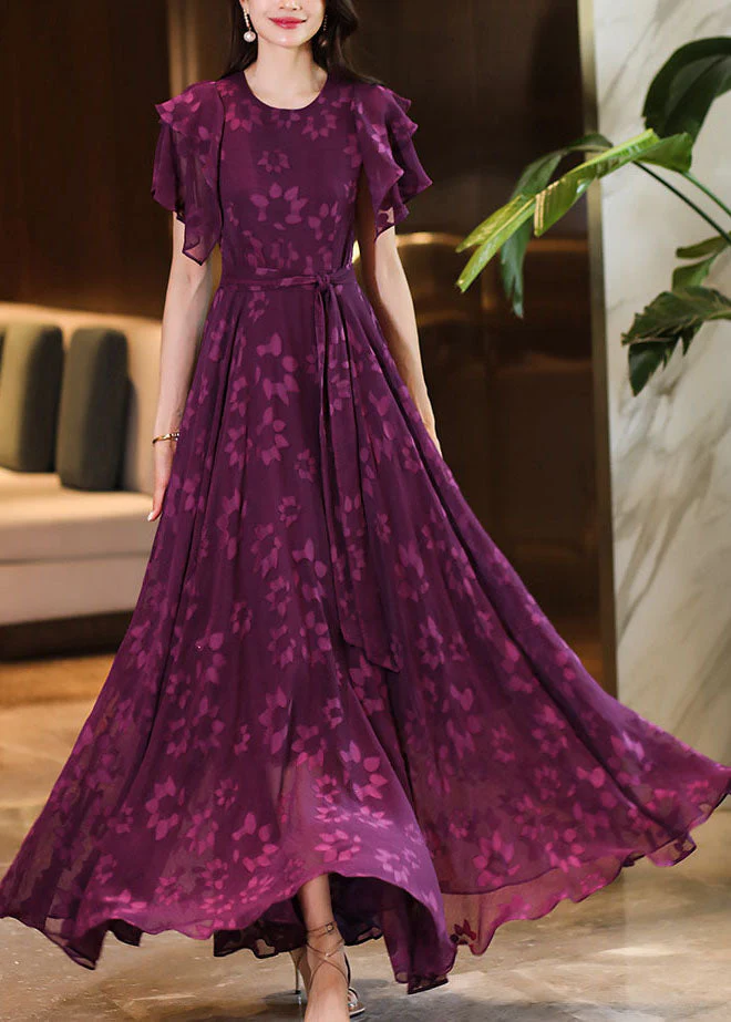 Women Purple O-Neck Print Ruffled Wrinkled Chiffon Maxi Dress Short Sleeve - Image 3
