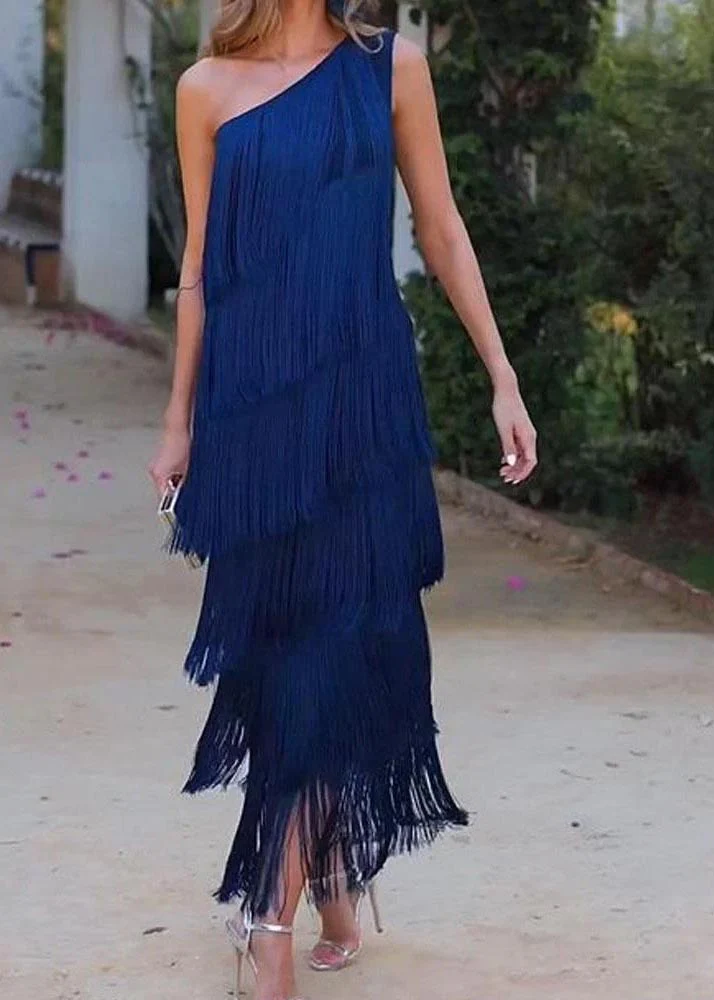 Women Purple One Shoulder Tasseled Dresses Sleeveless - Image 2