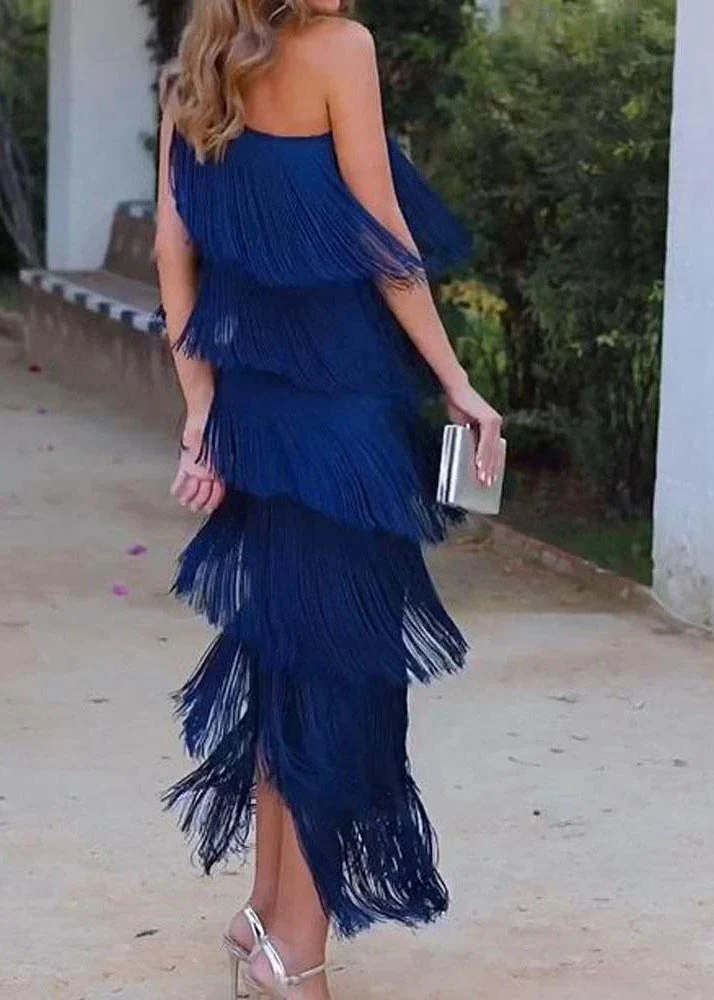 Women Purple One Shoulder Tasseled Dresses Sleeveless - Image 4