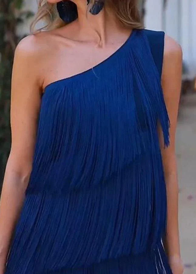 Women Purple One Shoulder Tasseled Dresses Sleeveless - Image 5