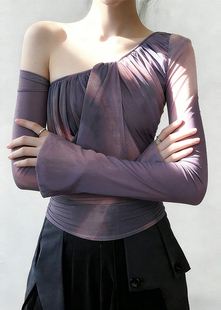 Women Purple One Shoulder Wrinkled Tulle Shirt Spring - Image 2