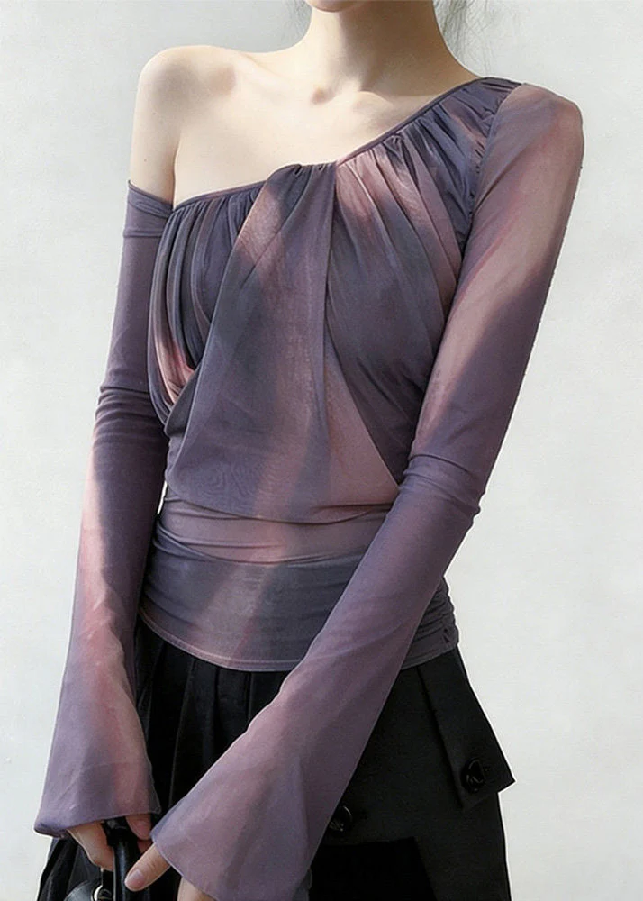 Women Purple One Shoulder Wrinkled Tulle Shirt Spring - Image 3