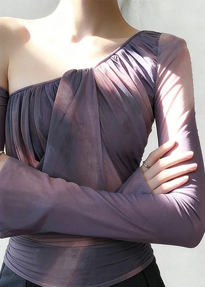 Women Purple One Shoulder Wrinkled Tulle Shirt Spring - Image 4