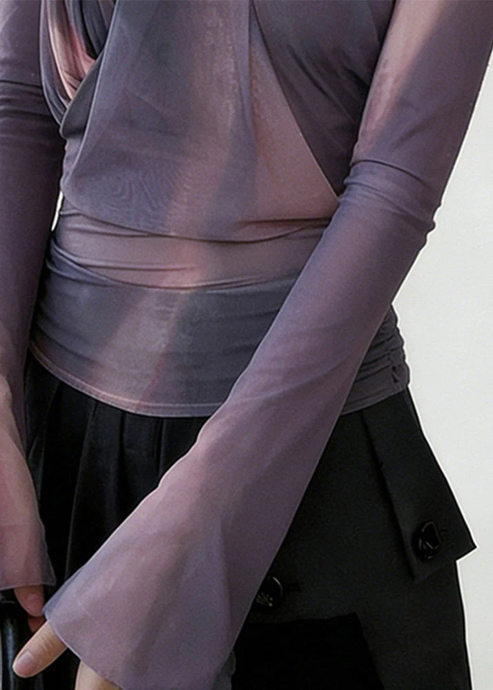 Women Purple One Shoulder Wrinkled Tulle Shirt Spring - Image 5