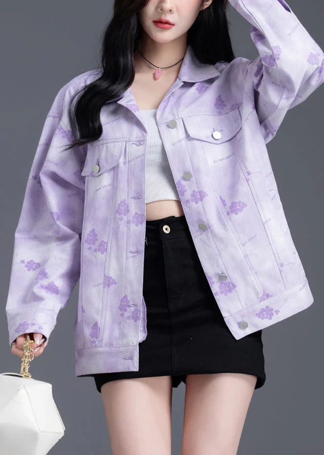 Women Purple Oversized Print Denim Coat Outwear Spring - Image 3