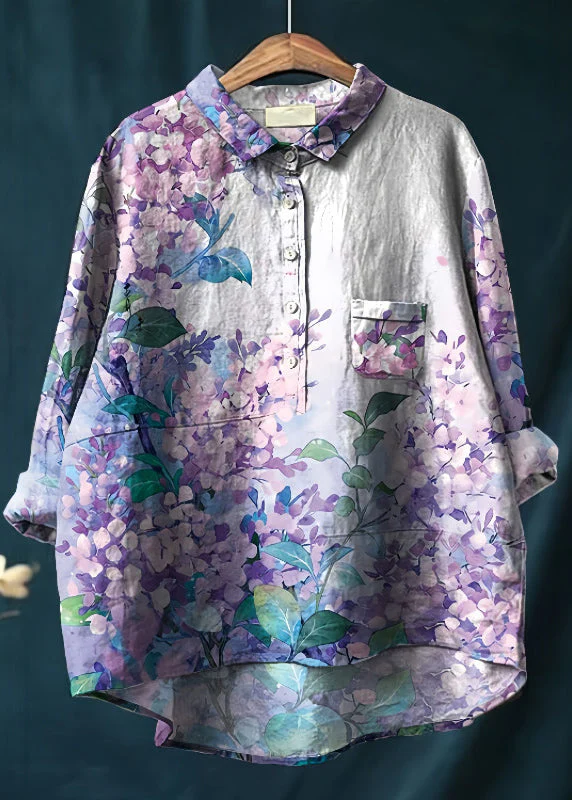 Women Purple Oversized Print Linen Shirt Top Spring - Image 3