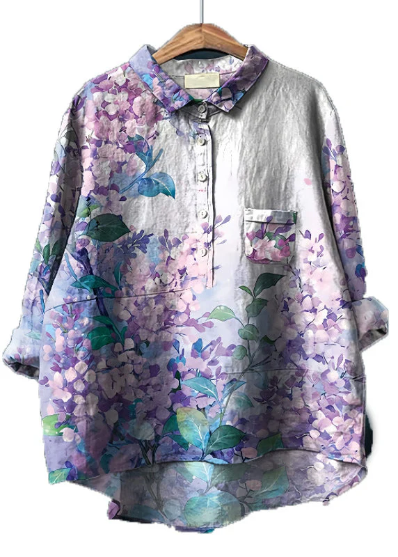 Women Purple Oversized Print Linen Shirt Top Spring - Image 5