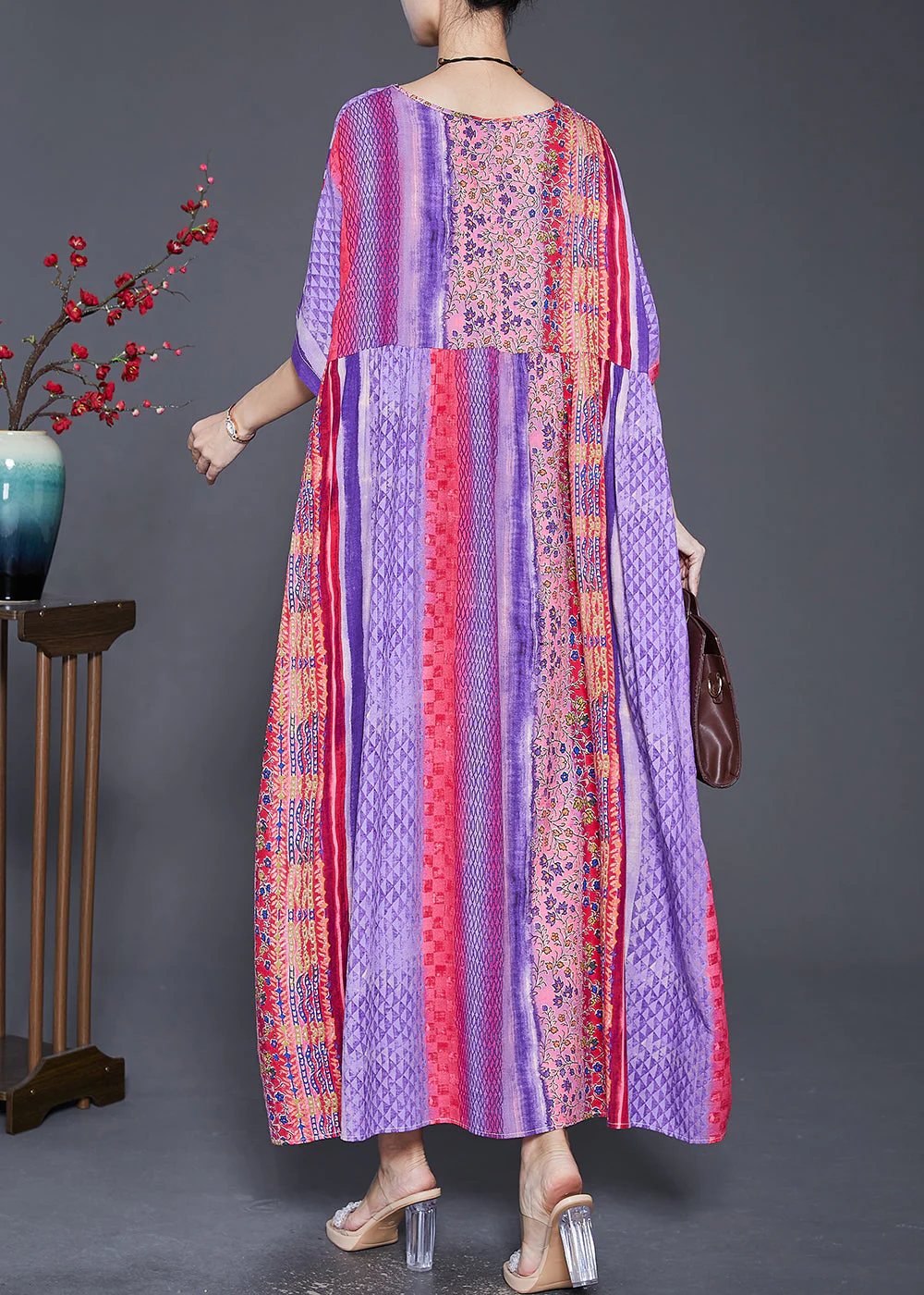 Women Purple Oversized Striped Cotton Maxi Dresses Summer - Image 4