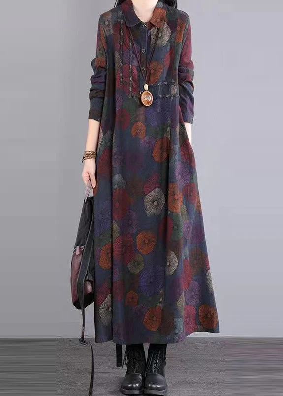 Women Purple Peter Pan Collar Patchwork Cotton Maxi Dresses Fall - Image 3
