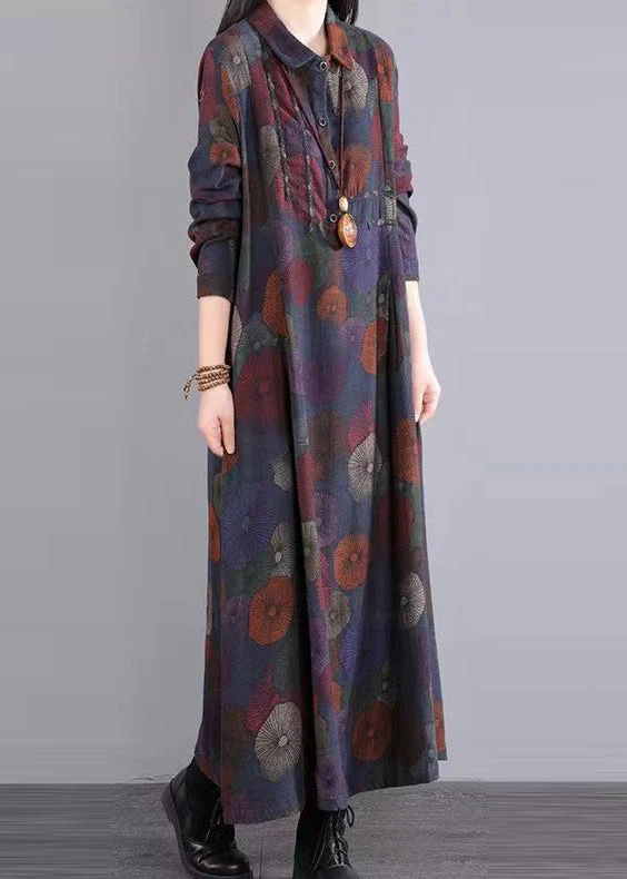 Women Purple Peter Pan Collar Patchwork Cotton Maxi Dresses Fall - Image 4