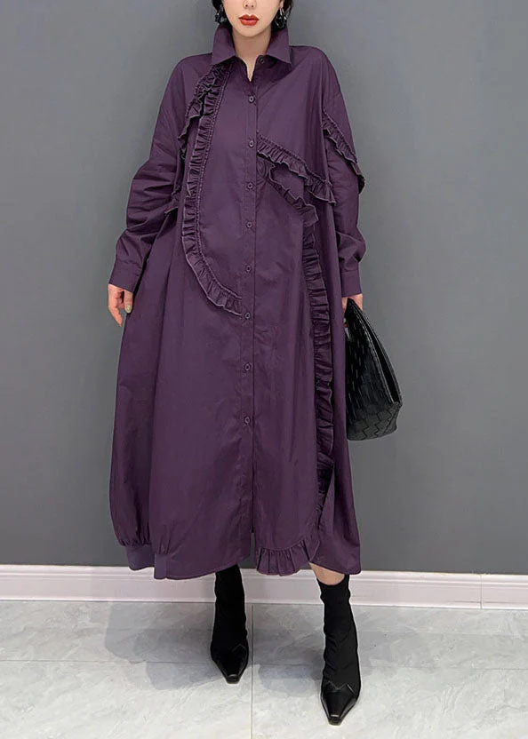 Women Purple Peter Pan Collar Ruffled Cotton Long Dress Spring - Image 2