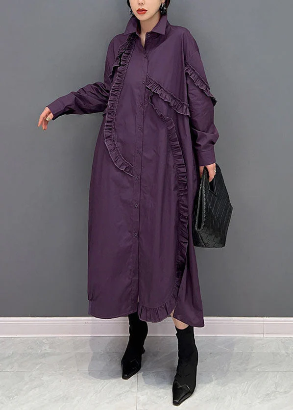 Women Purple Peter Pan Collar Ruffled Cotton Long Dress Spring - Image 3
