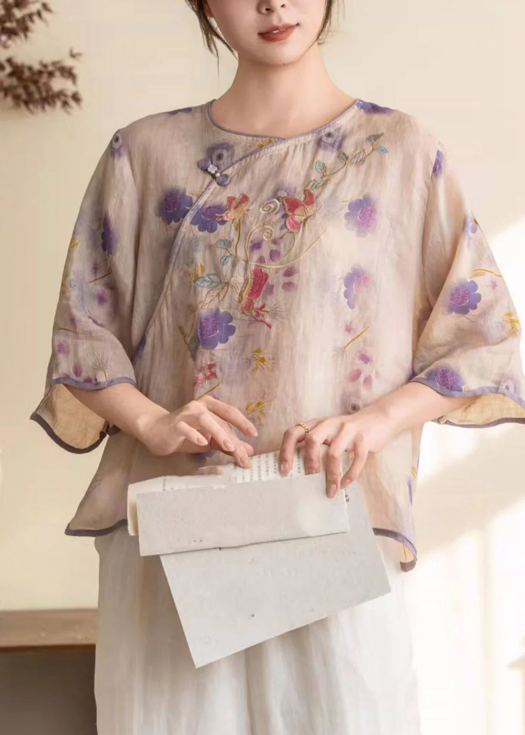 Women Purple Print Button Linen Shirt Summer - Image 3