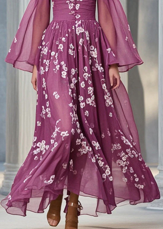 Women Purple Print Silm Fit Chiffon Cami Dresses Flare Sleeve - Image 4