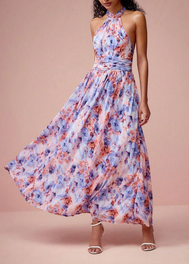 Women Purple Print Wrinkled Chiffon Long Dress Sleeveless - Image 3