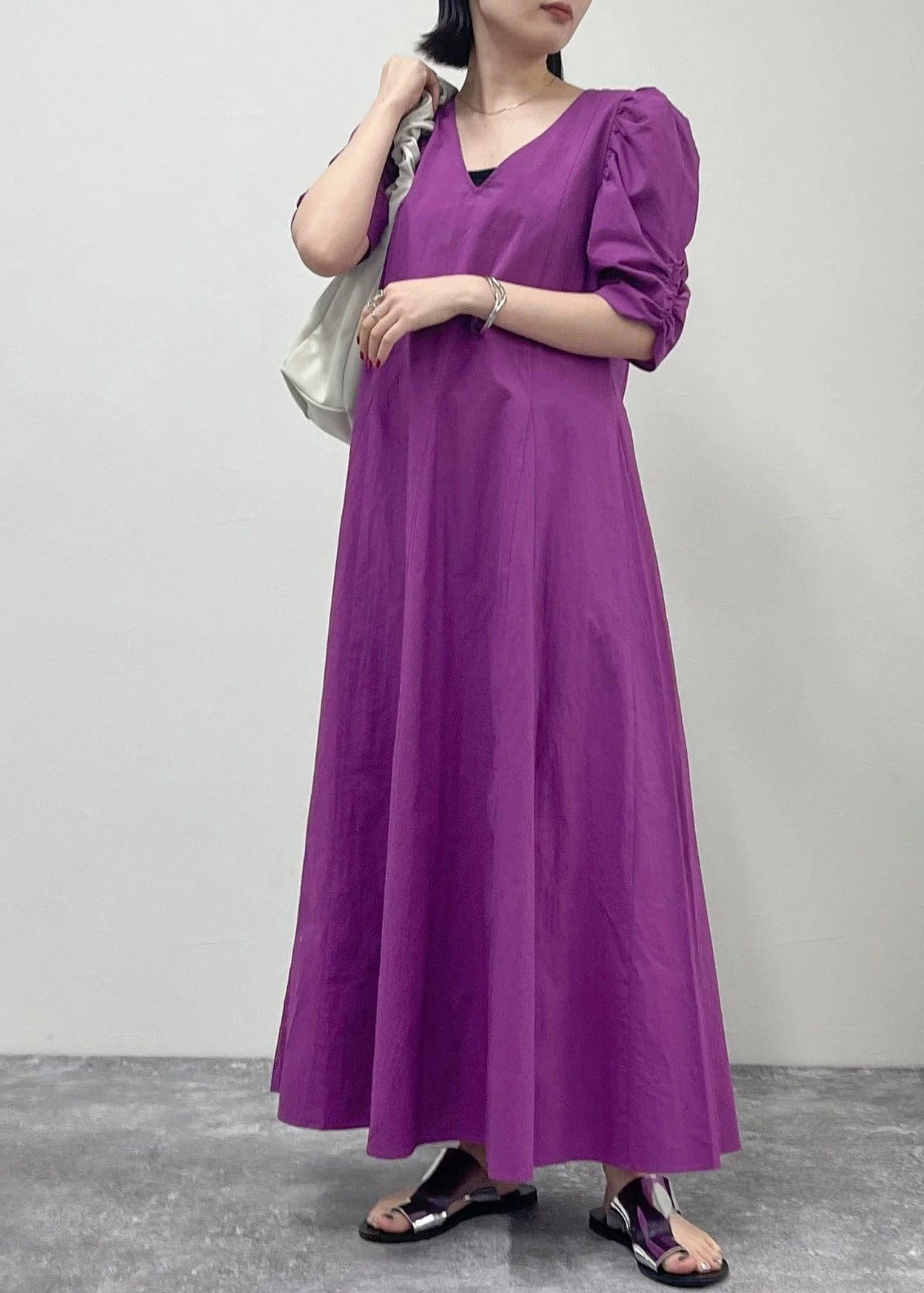 Women Purple Puff Sleeve Cotton Party Dress Summer - Image 2