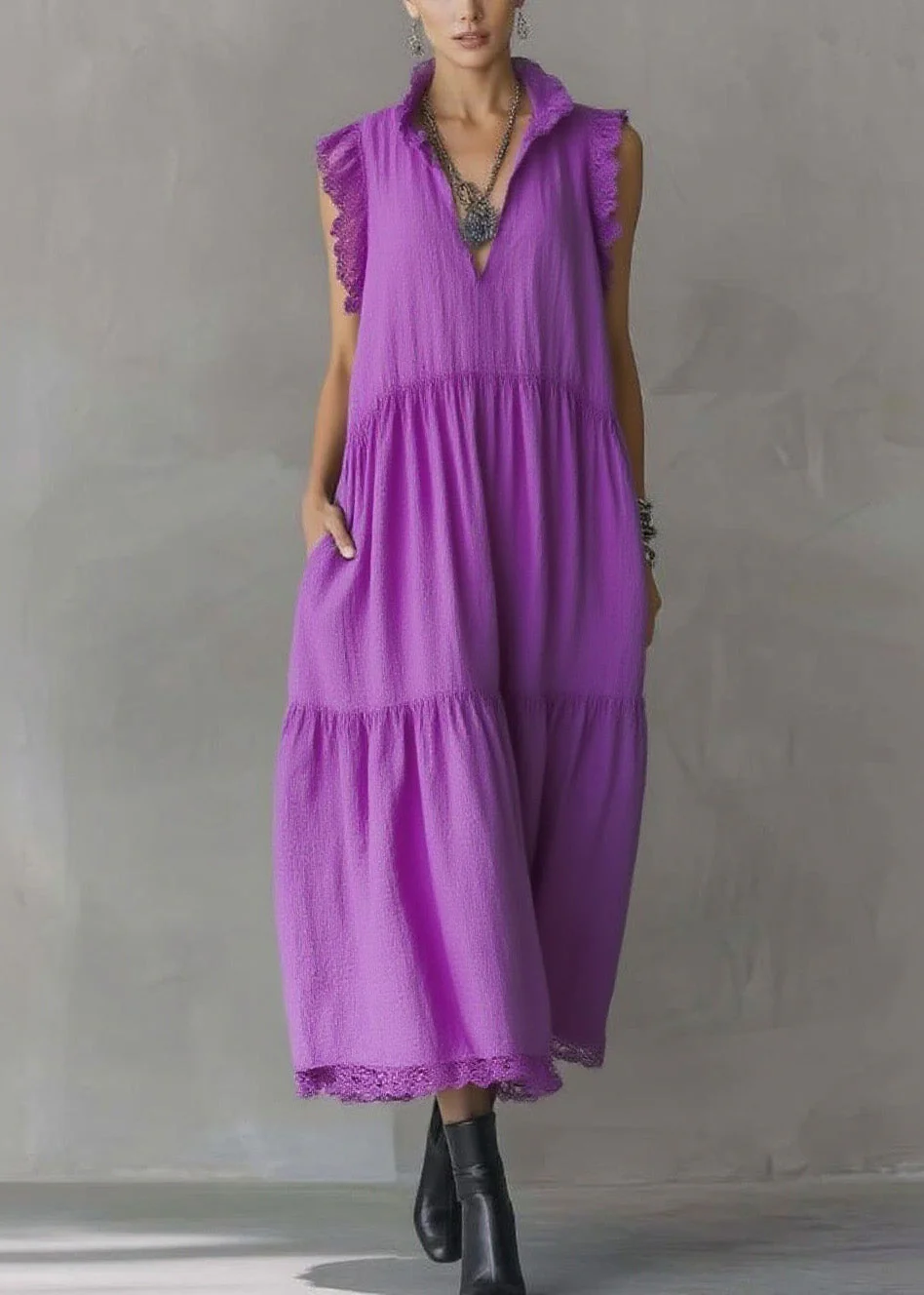 Women Purple Ruffled Lace Patchwork Cotton Dresses Sleeveless - Image 3