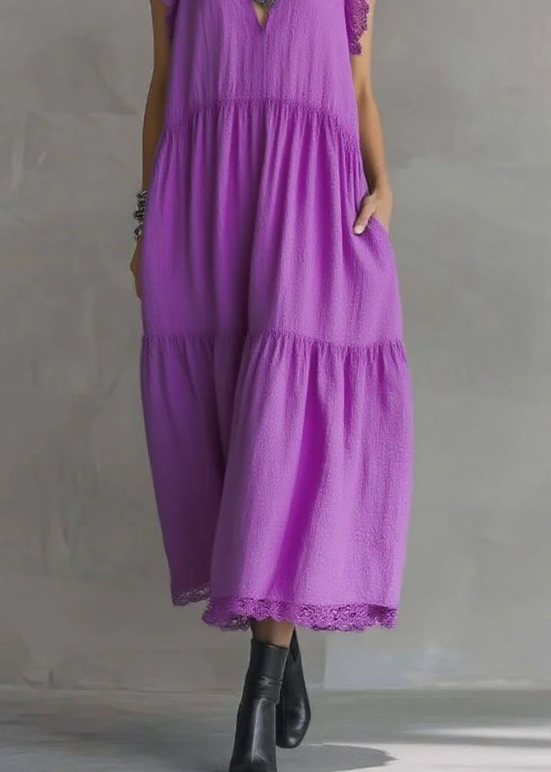 Women Purple Ruffled Lace Patchwork Cotton Dresses Sleeveless - Image 4