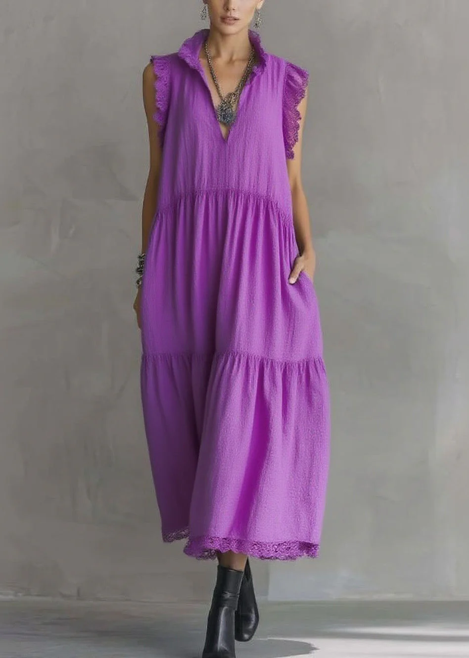 Women Purple Ruffled Lace Patchwork Cotton Dresses Sleeveless - Image 5