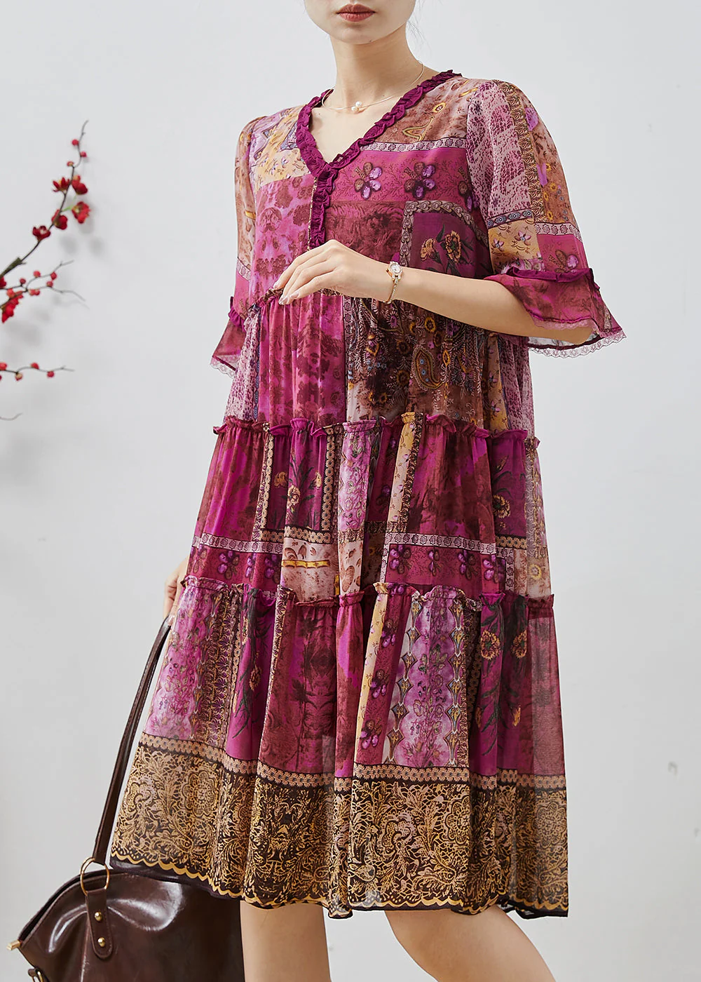 Women Purple Ruffled Print Chiffon Dresses Summer - Image 3