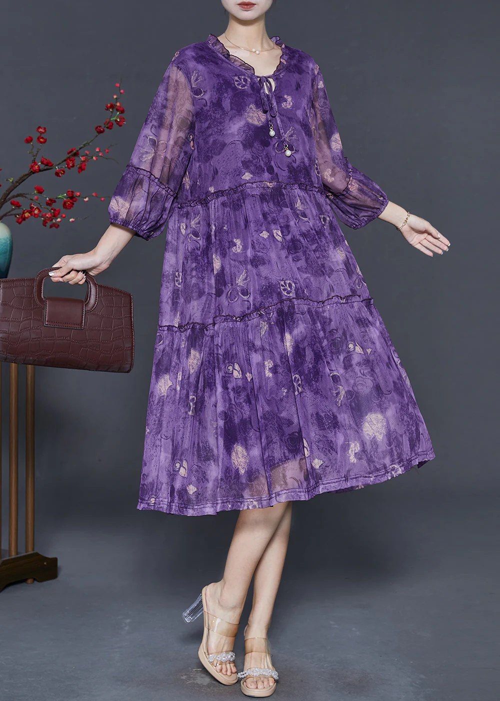 Women Purple Ruffled Print Chiffon Maxi Dress Summer - Image 2