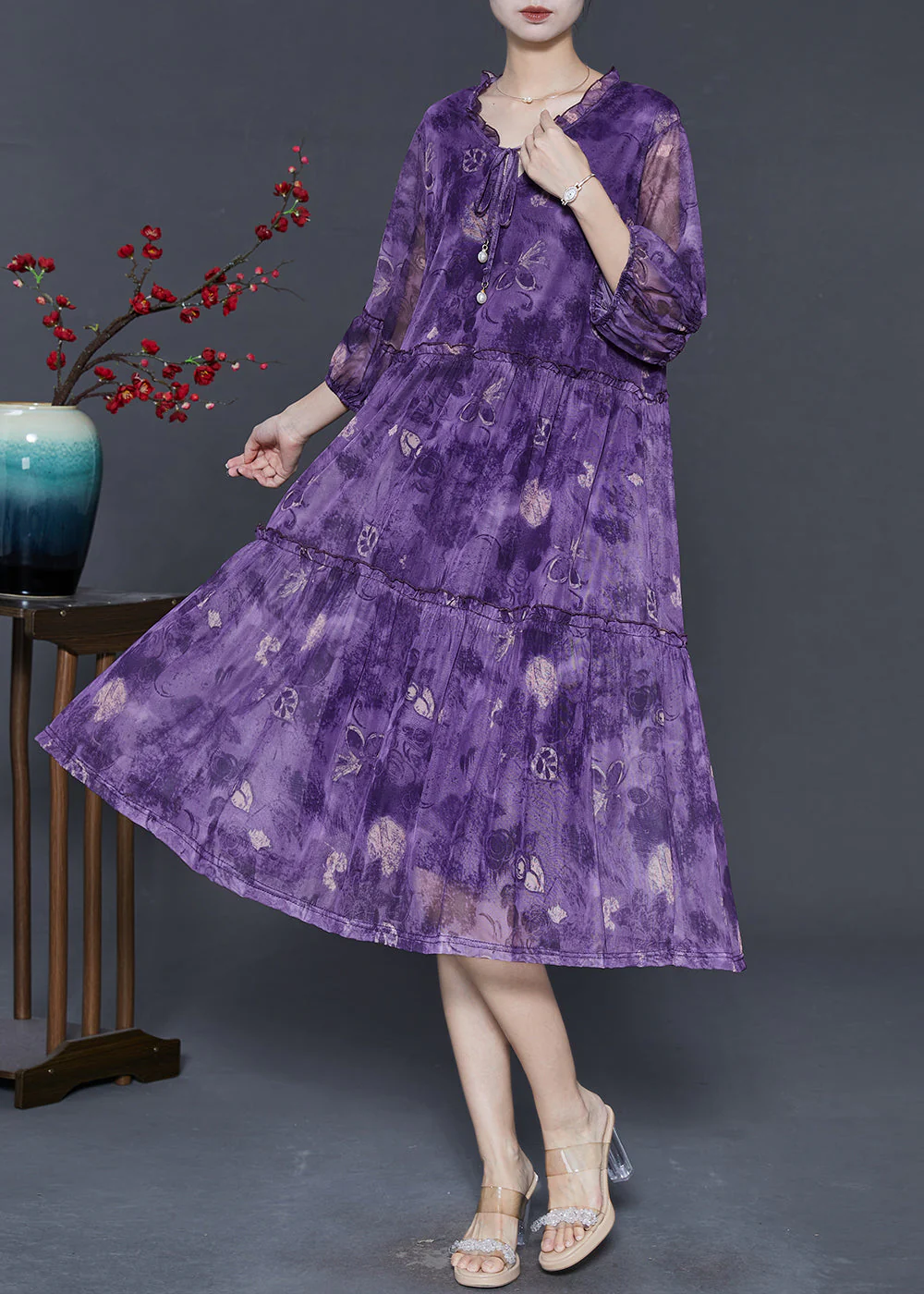 Women Purple Ruffled Print Chiffon Maxi Dress Summer - Image 3