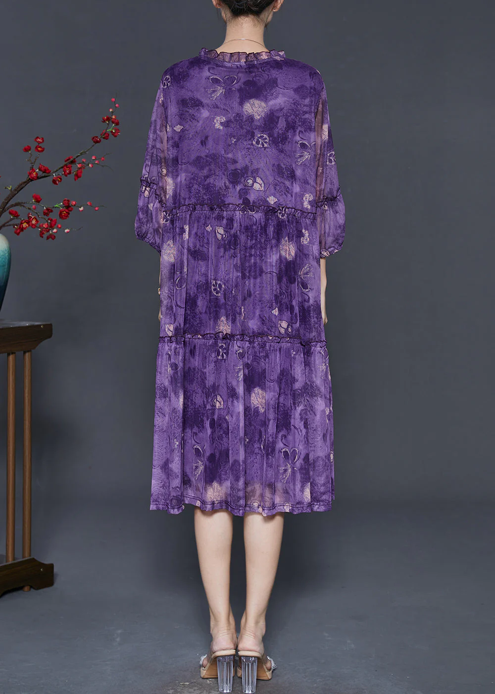 Women Purple Ruffled Print Chiffon Maxi Dress Summer - Image 4