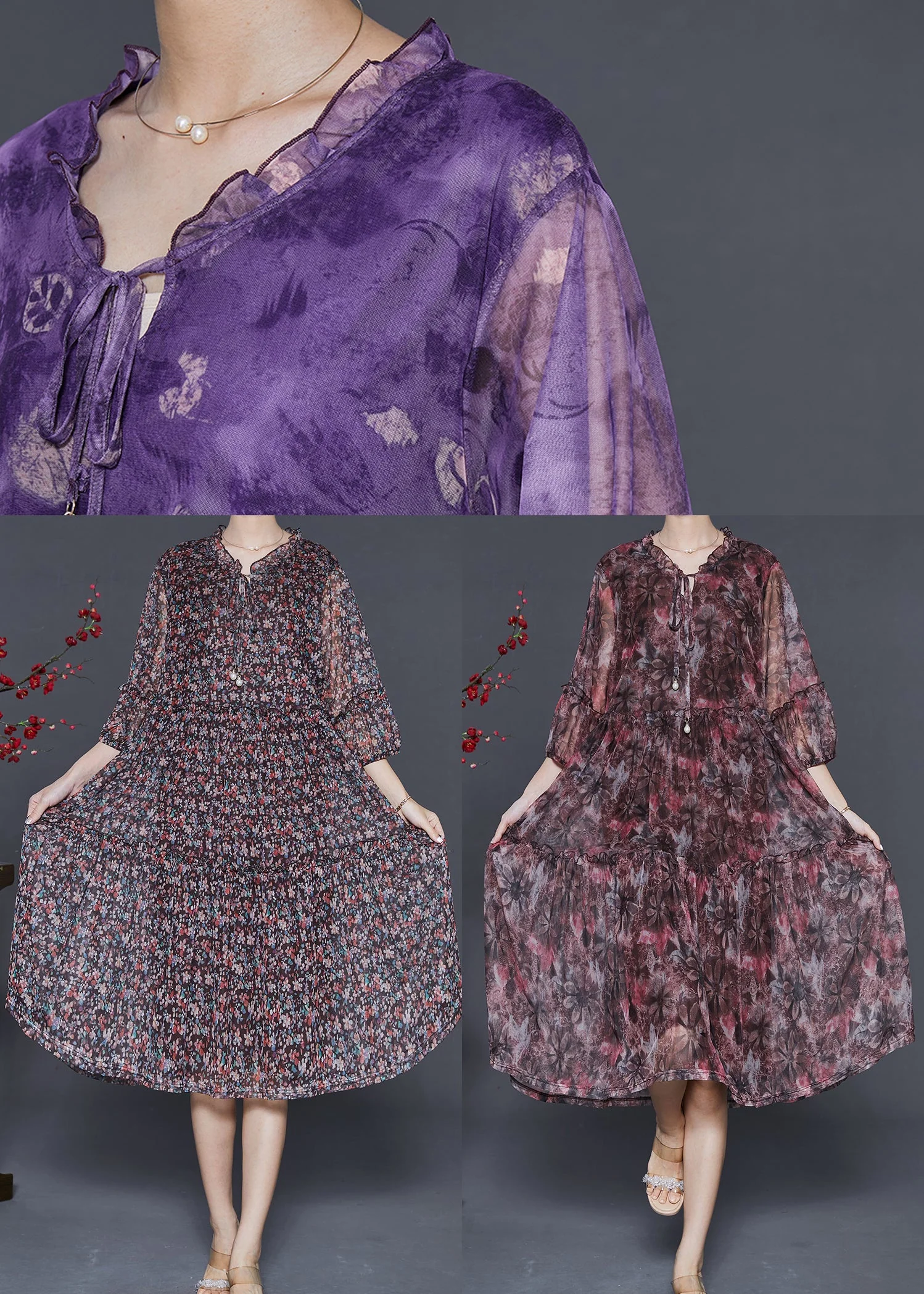 Women Purple Ruffled Print Chiffon Maxi Dress Summer - Image 5