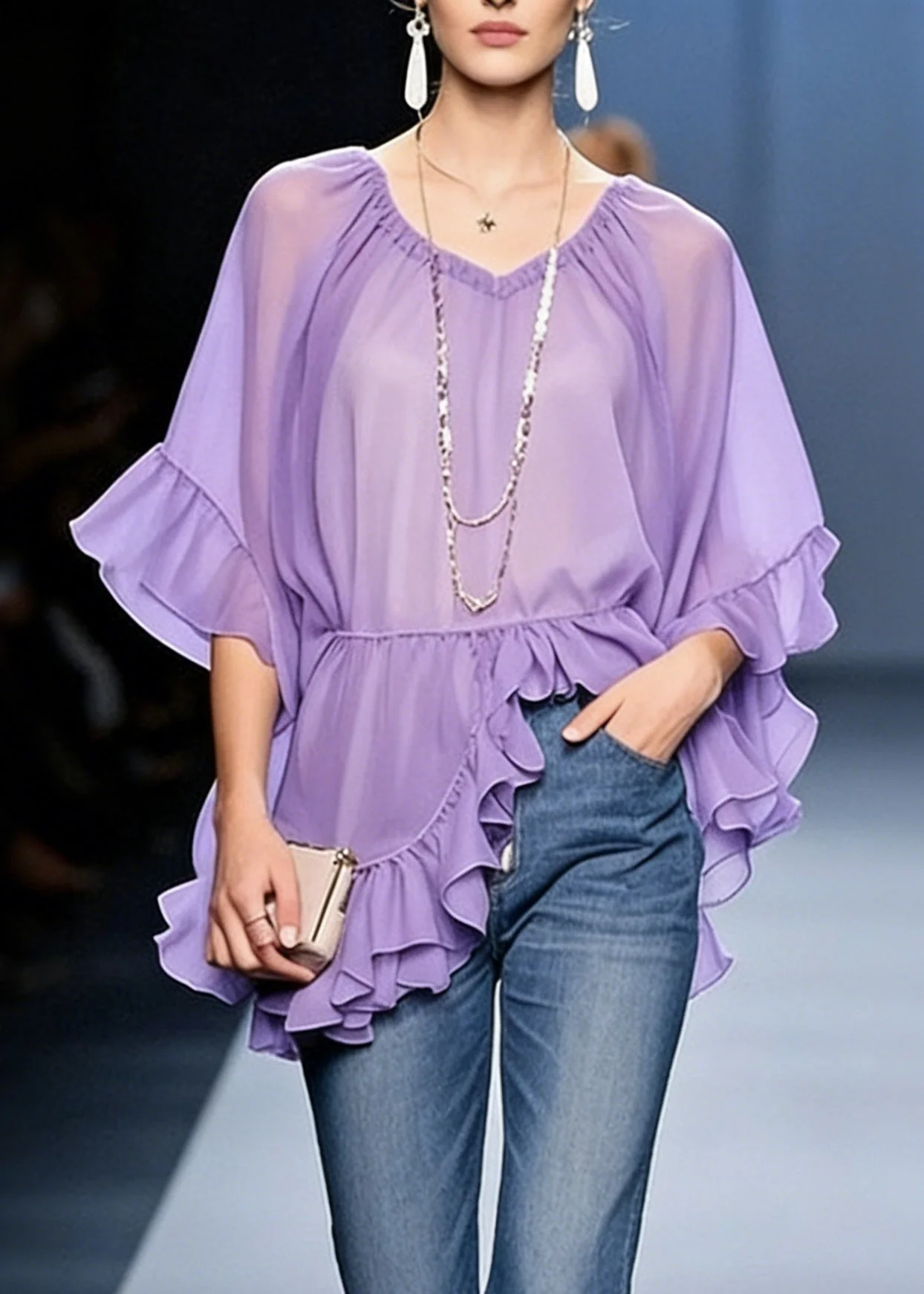 Women Purple Ruffled Solid Chiffon Shirt V Neck Half Sleeve - Image 5