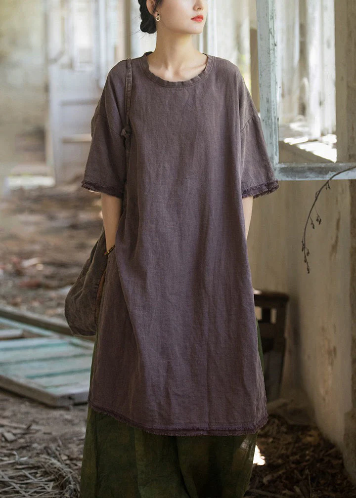 Women Purple Solid Side Open Linen T Shirt Dresses Summer - Image 3