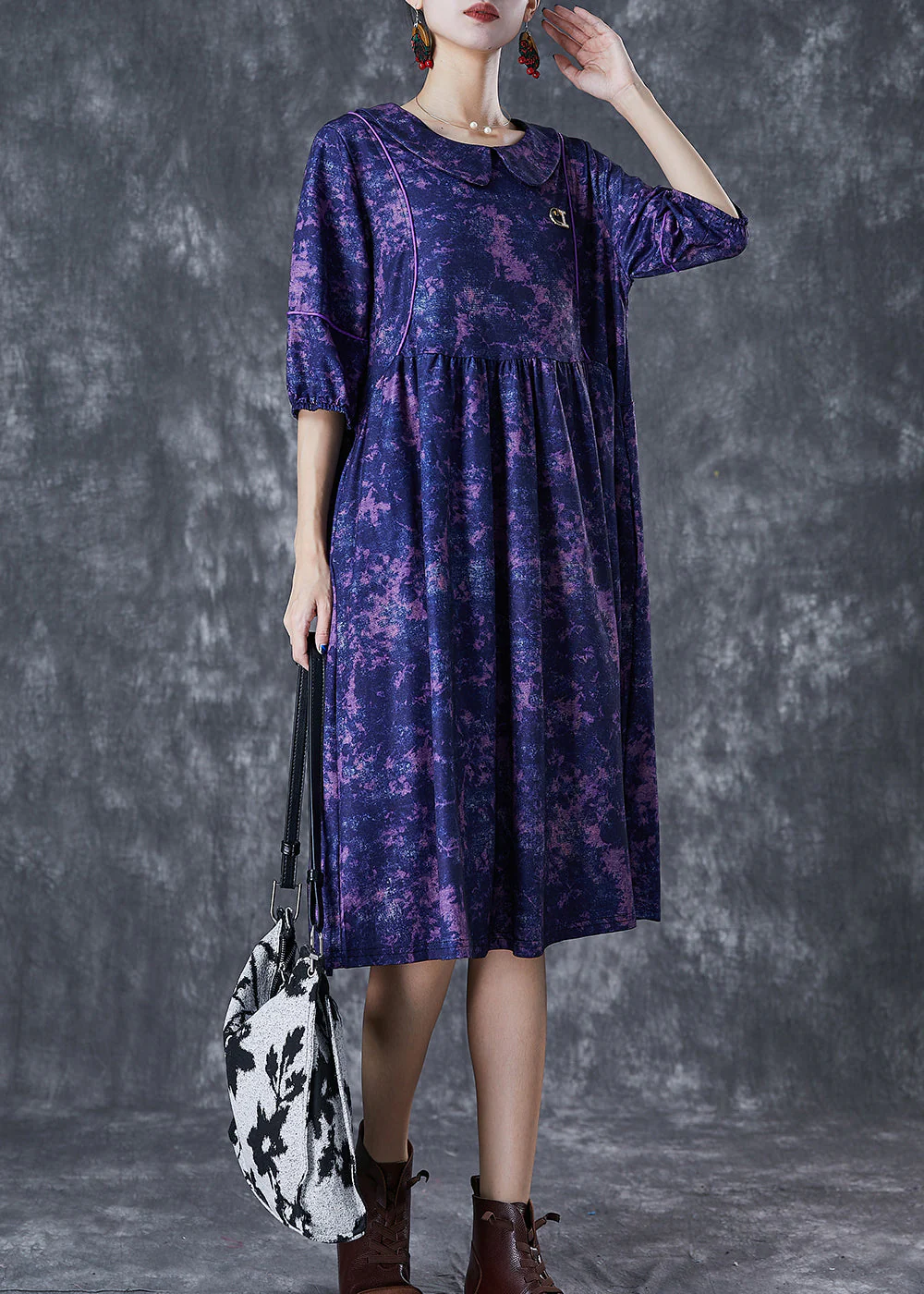 Women Purple Tie Dye Exra Large Hem Cotton Maxi Dresses Half Sleeve - Image 2