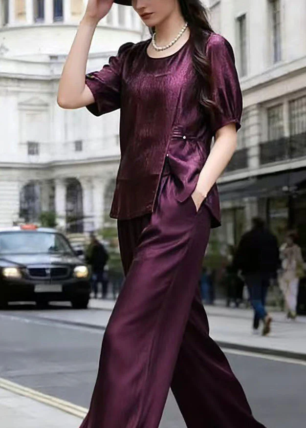 Women Purple Top And Wide Leg Pants Silk Two Piece Set Summer - Image 2